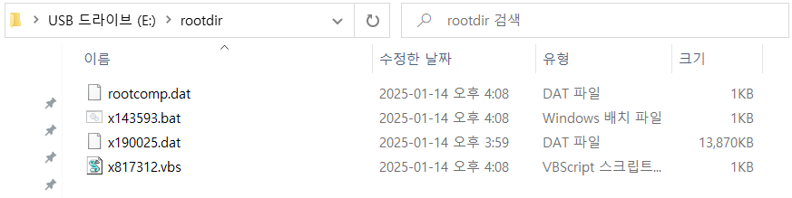 list of malwares downloaded in rootdir file. includes file name of x6digit number. dat, ,bat and .vbs